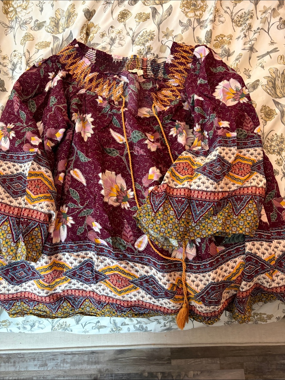 ODDY Burgundy Floral Boho Peasant Blouse with Tassels